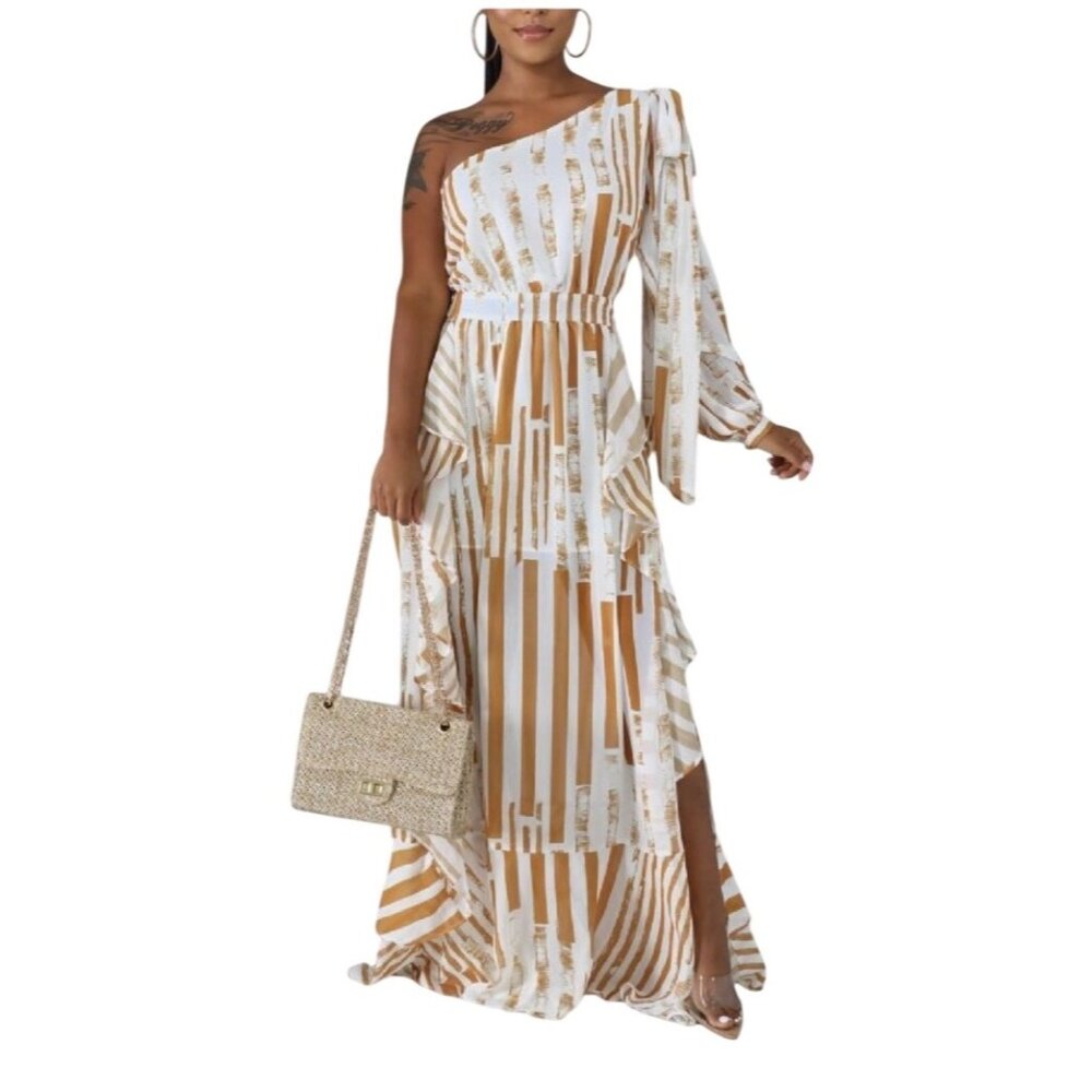 One-Shoulder Maxi Dress With Ruffle Details & Abstract Brown/White Stripe Print
